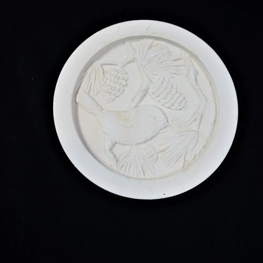Chalkware Coasters Crossbill Bird And Pinecone Cork Back White Plaster Set Of 3